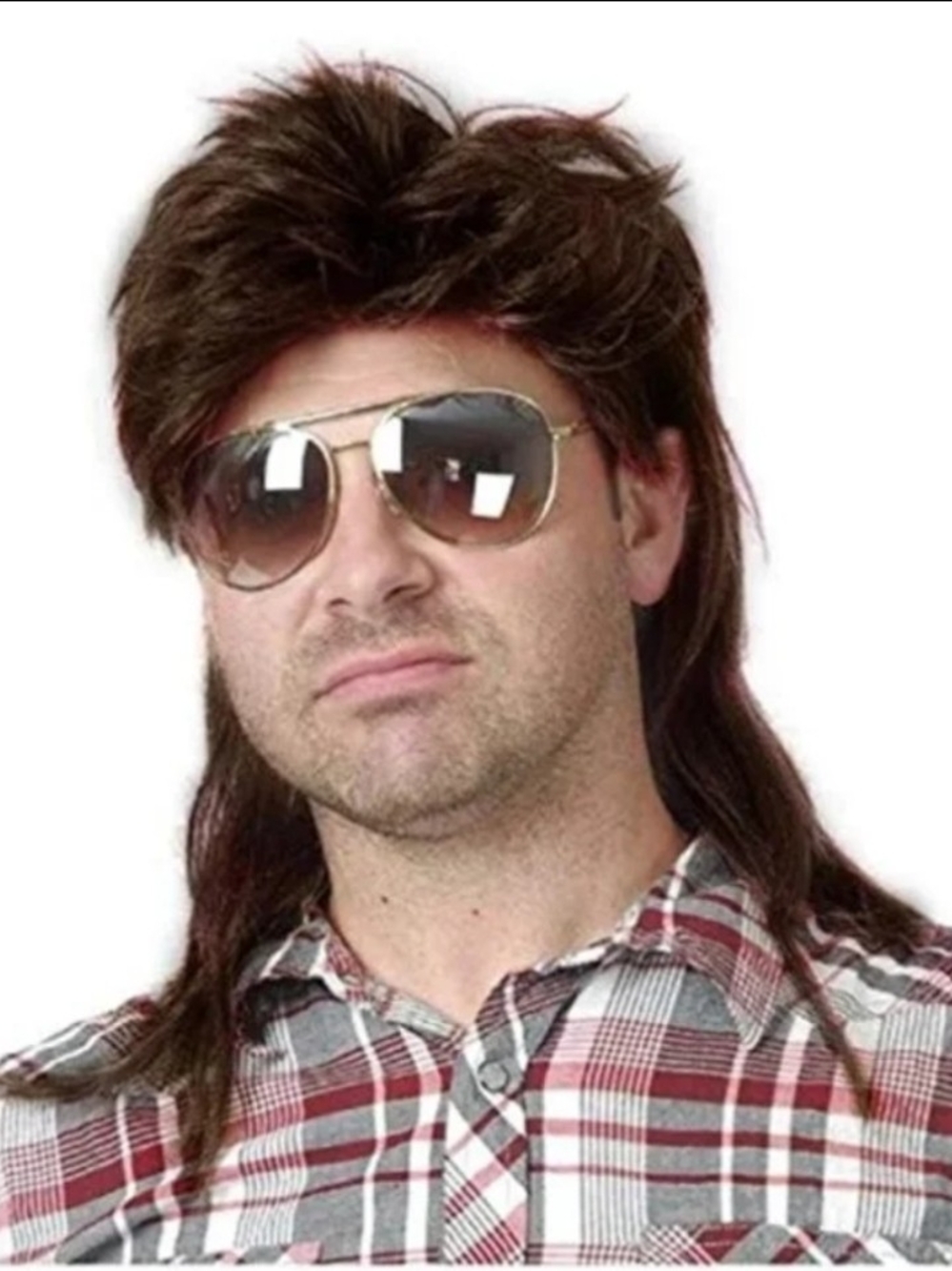 Men's Dark Brown 70s 80s Costume Mullet Wig With Bang